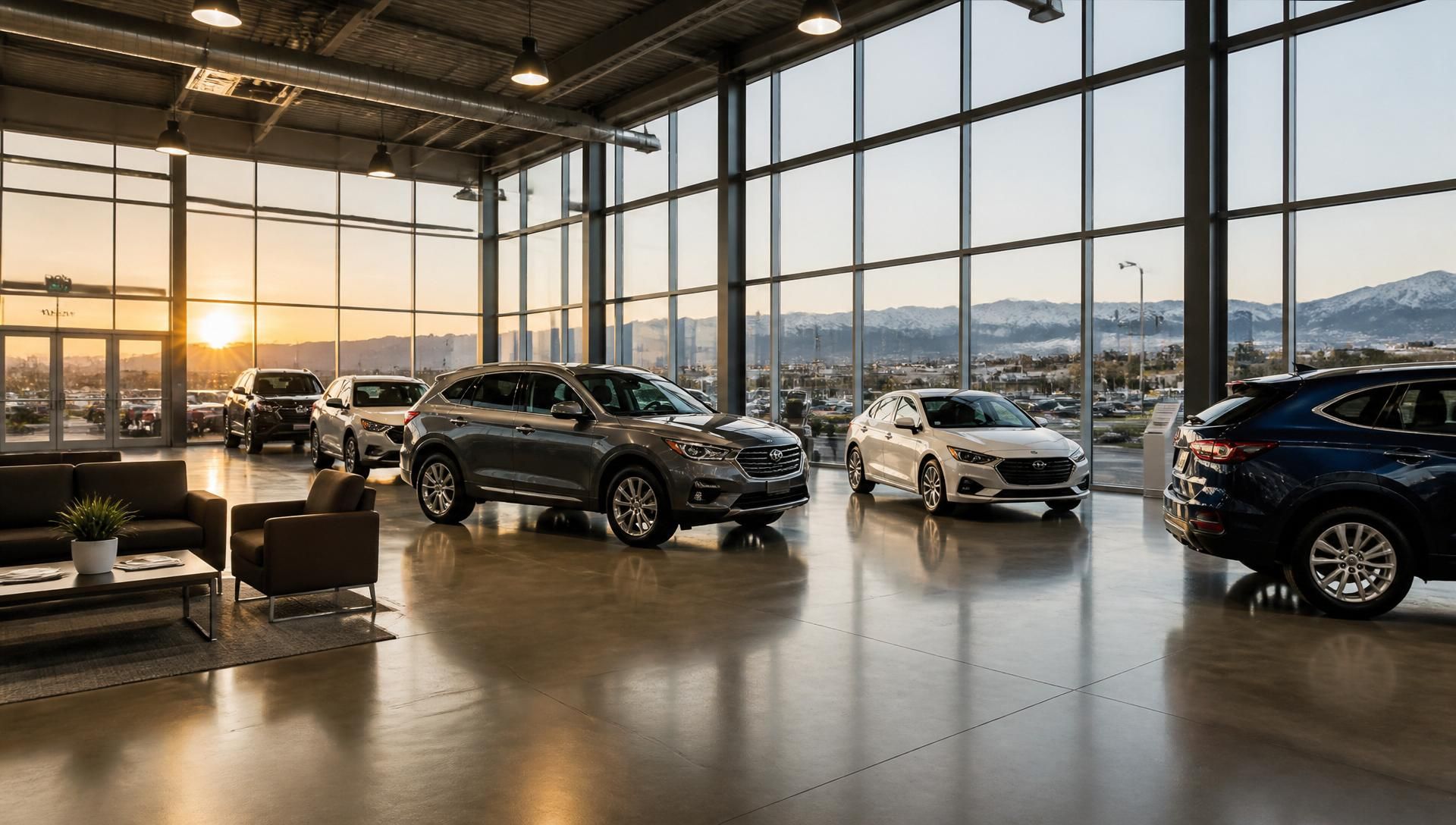 Broussard Auto Group showroom in Denver, Colorado at sunset